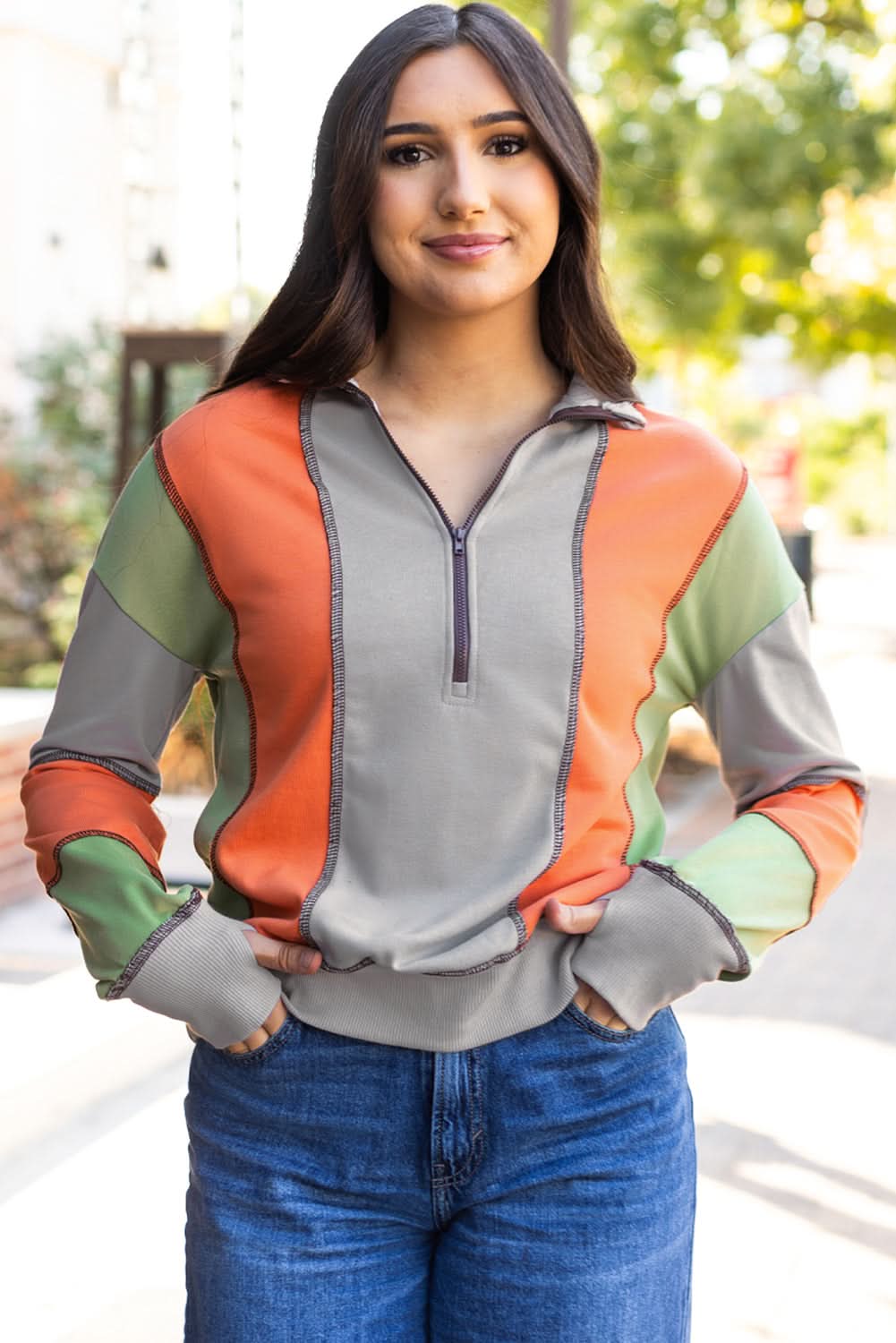 Light Grey Color Block Stitching Detail Half Zipper Sweatshirt - Love Salve
